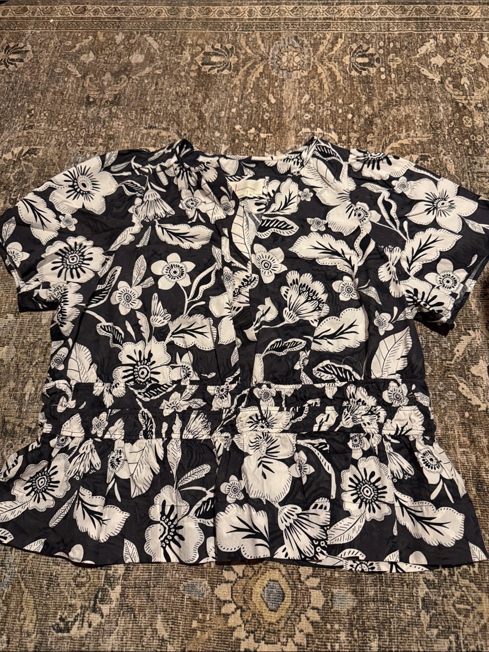 Anthropologie Black & White Floral Short-Sleeve Peplum Blouse - 1X